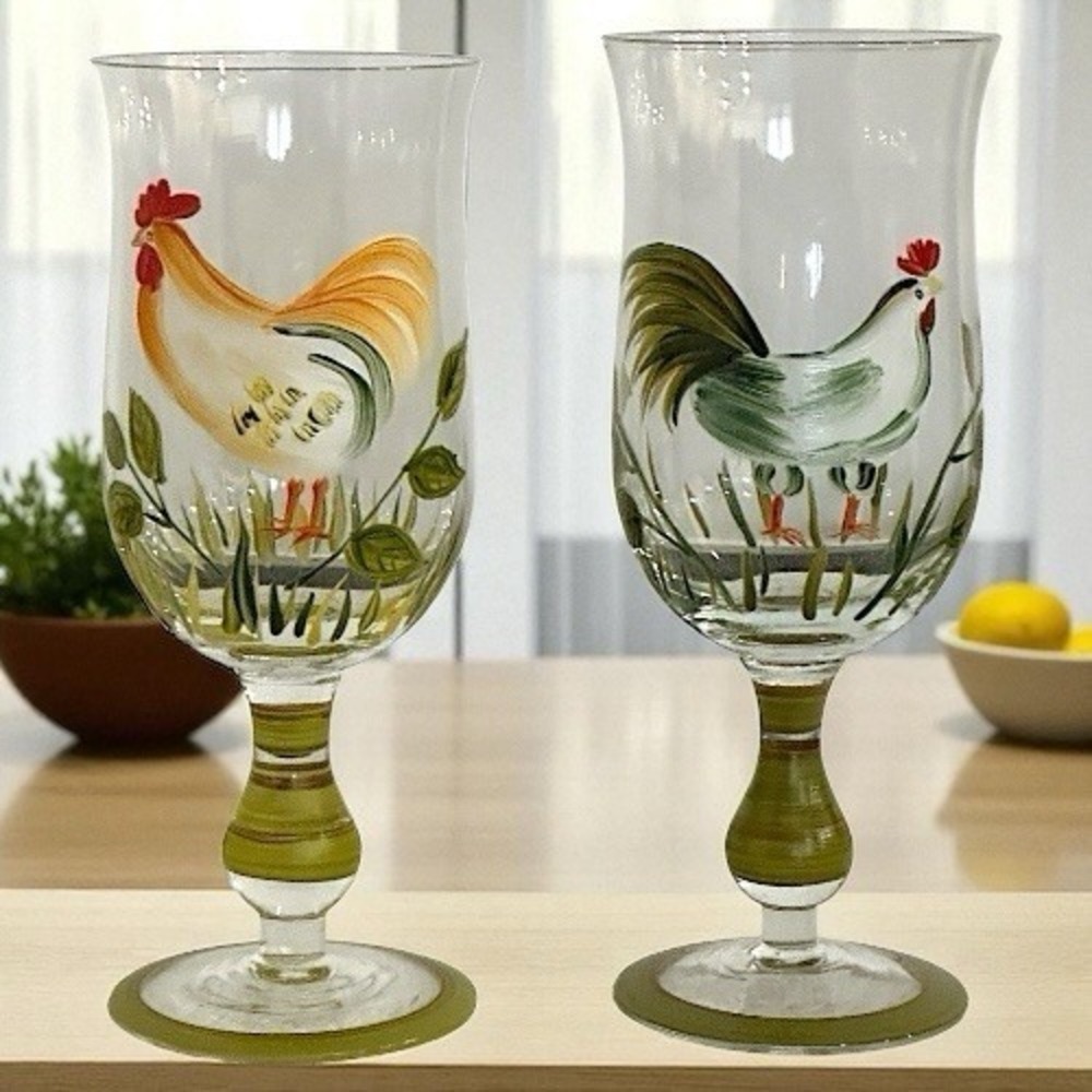 Country Farm House 2 Peice Glass Hand Painted Chicken Glass Set